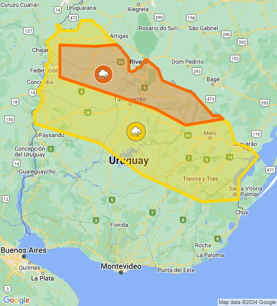 Lluvia granizo y actividad eléctrica en advertencia de INUMET